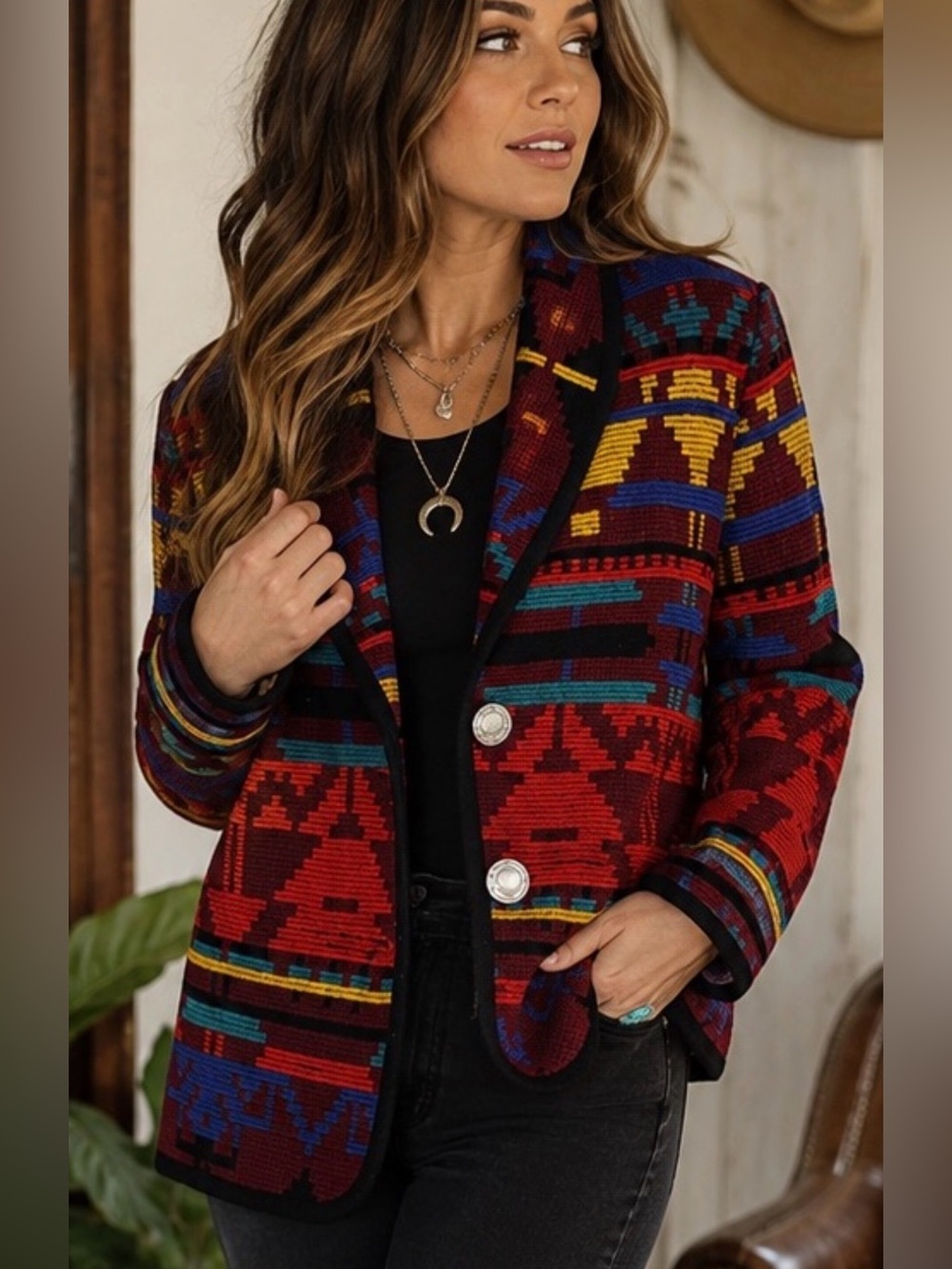 Vintage Miss New Yorker Southwestern Geometric Blanket Jacket Blazer Size S